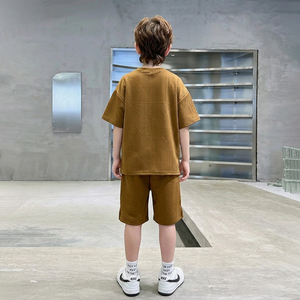 Boys Brown Textured Short Sleeve T-Shirt With Elasticated Shorts Sets Sets