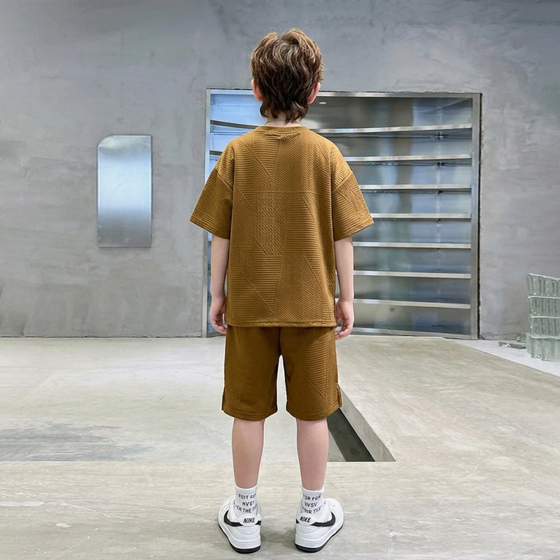 Boys Brown Textured Short Sleeve T-Shirt With Elasticated Shorts Sets Sets