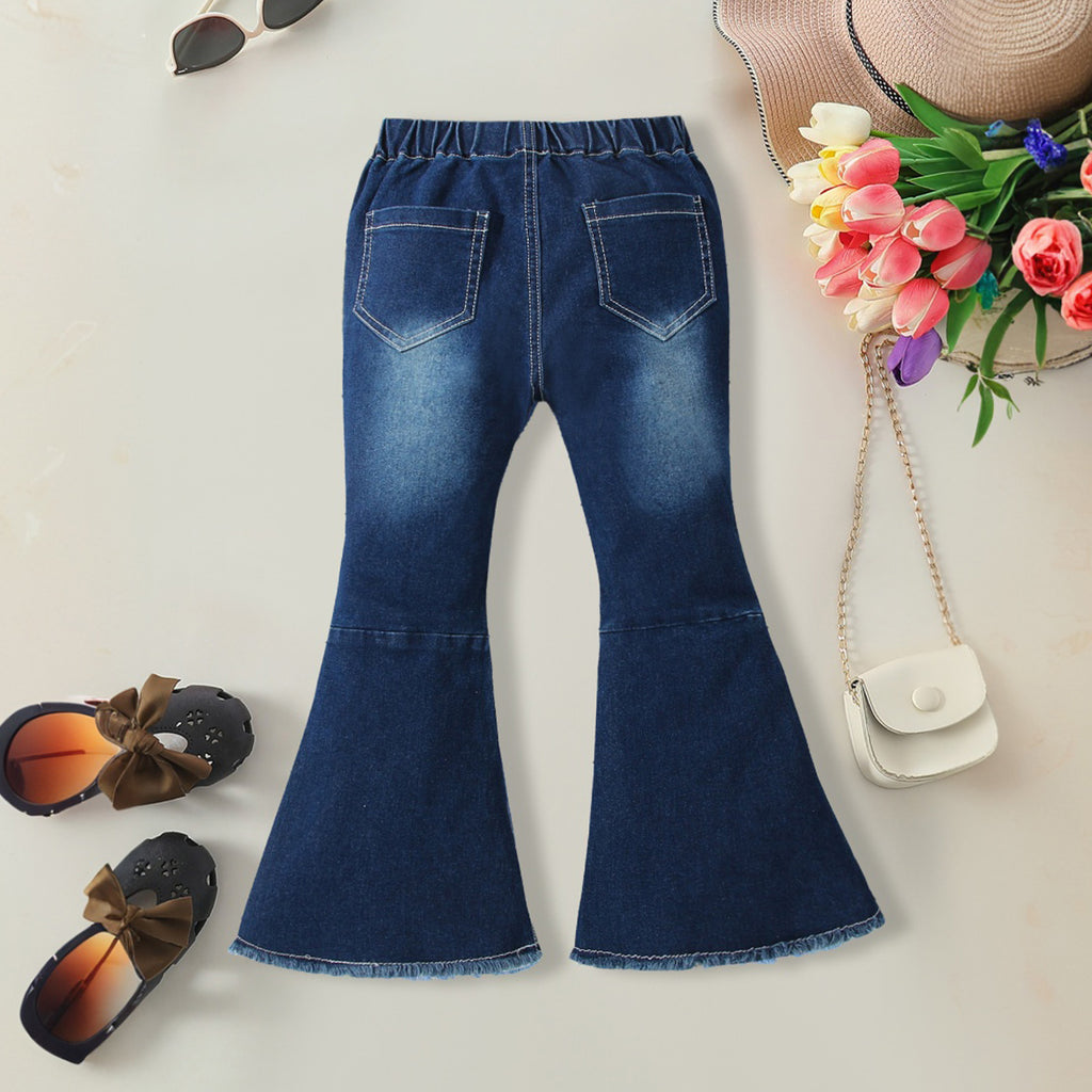 Girls Blue Solid Bow Flared Denim Pants Jeans