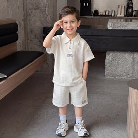 Boys Off White Textured Polo T-Shirt With Shorts Sets Sets Off White 1-2 Y