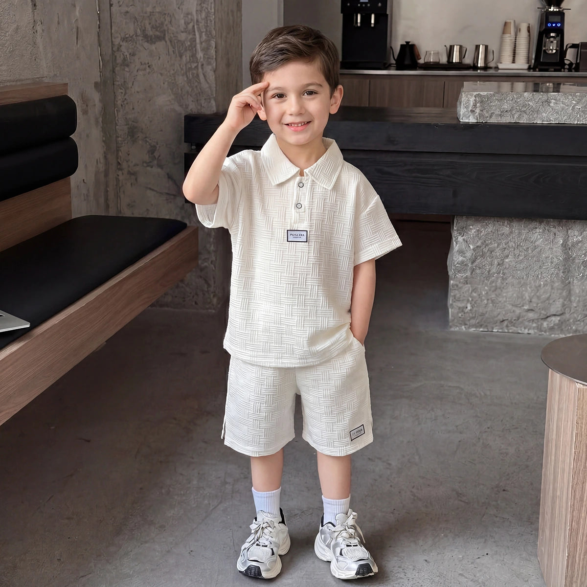 Boys Off White Textured Polo T-Shirt With Shorts Sets Sets Off White 1-2 Y