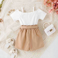 Girls White Textured Cold Shoulder Top With Shorts Sets 2 pc. Sets