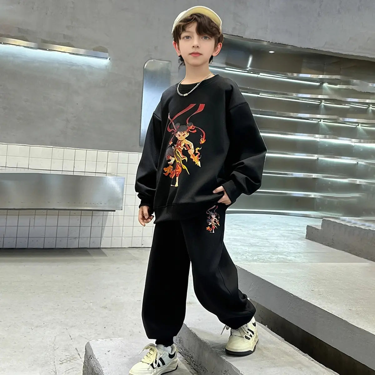 Boys Black Graphics Printed Oversized Sweatshirt With Jogger Co-ord Sets Sets
