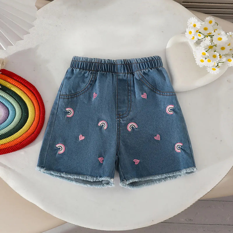 Girls White Graphics Top With Embroidered Denim Short Sets Sets