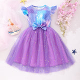 Girls Blue Printed Short Sleeve Fit & Flare Party Dress