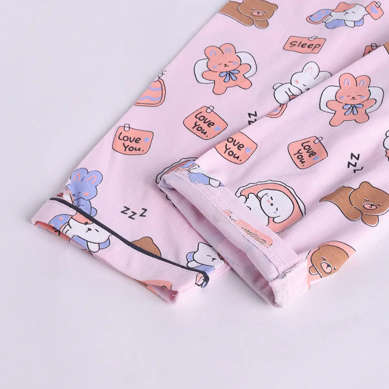 Girls Pink Bear Print Short Sleeve Shirt With Elasticated Pants Sets Sets