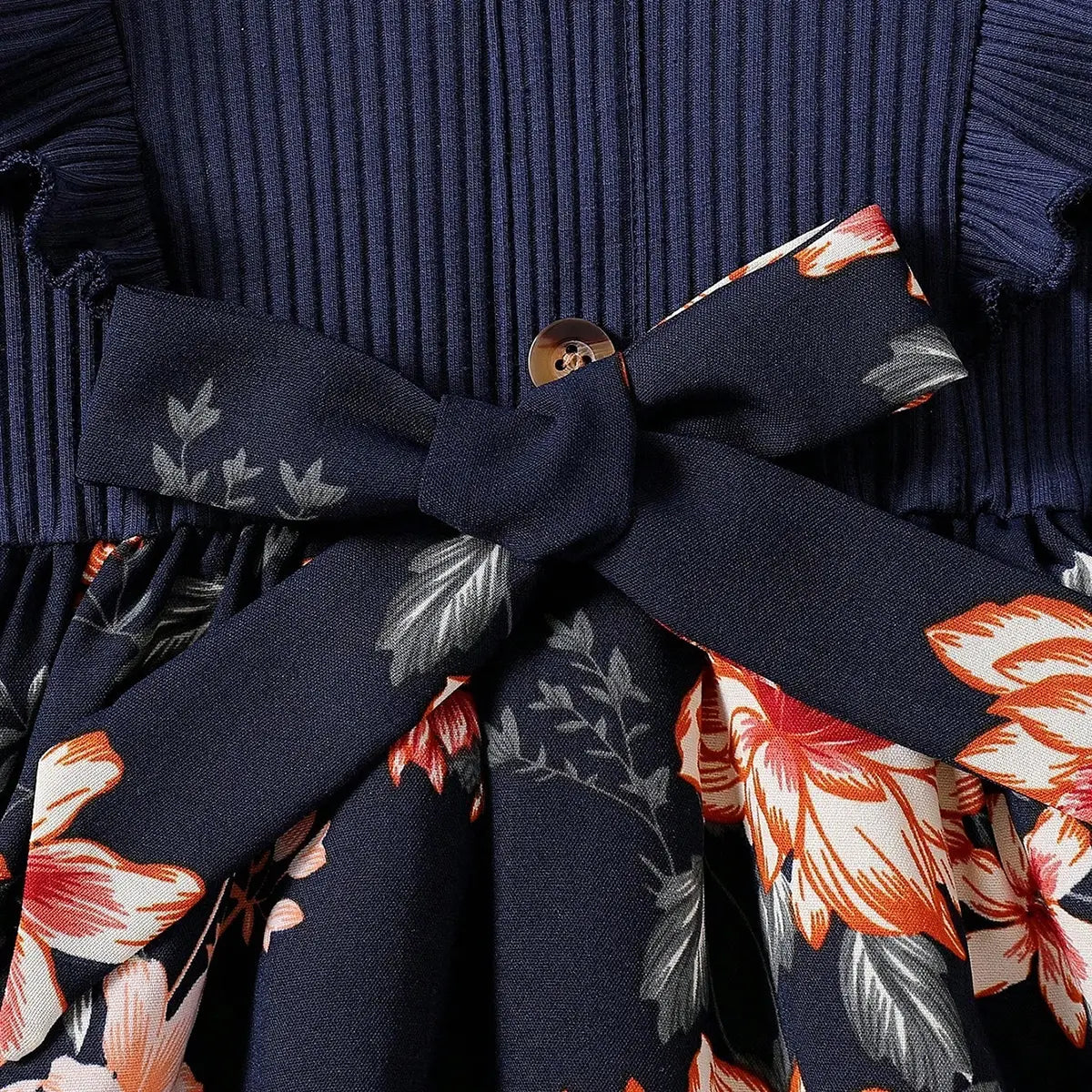 Girls Navy Blue Floral Print Short Sleeves Fit & Flare Dress With Bow Casual Dresses