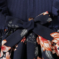 Girls Navy Blue Floral Print Short Sleeves Fit & Flare Dress With Bow Casual Dresses