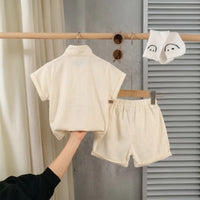 Boys Beige Typographic Printed Short Sleeve T-Shirt With Elasticated Shorts Sets 2 pc. Sets