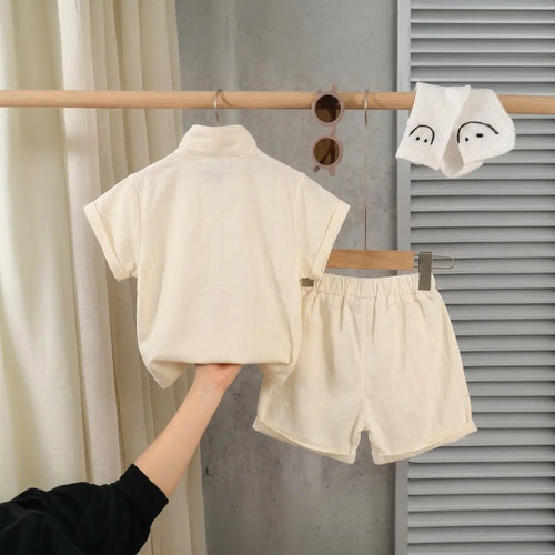 Boys Beige Typographic Printed Short Sleeve T-Shirt With Elasticated Shorts Sets 2 pc. Sets
