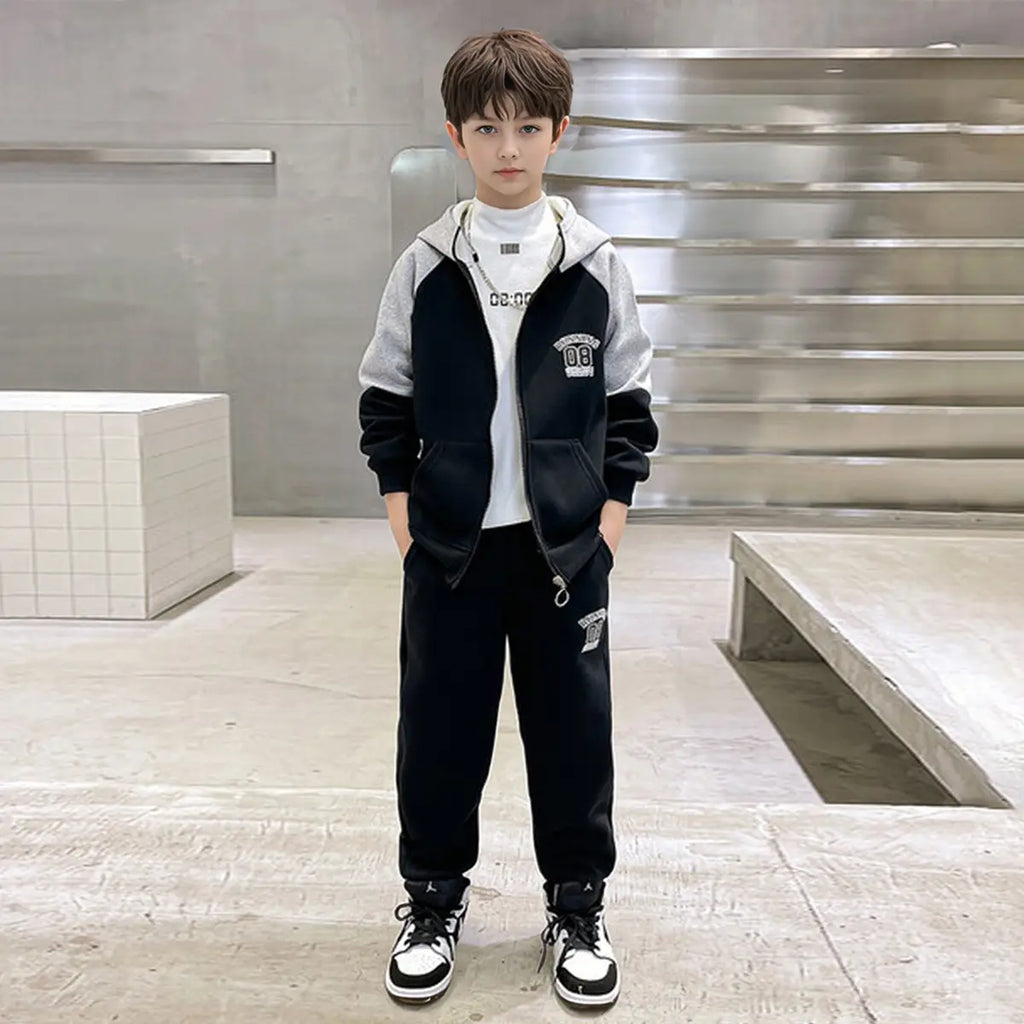 Boys Black Alphanumeric Printed Hooded Zipper Jacket With Jogger Sets Sets Black 5-6 Y