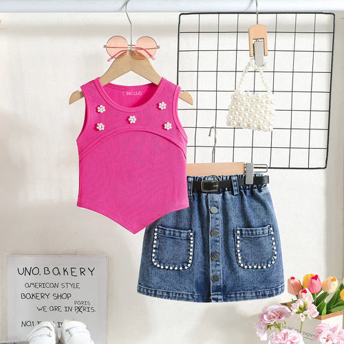 Girls Fuchsia Embellished Ribbed Sleeveless Top With Denim Skirt Sets Sets Fuchsia 2-3 Y