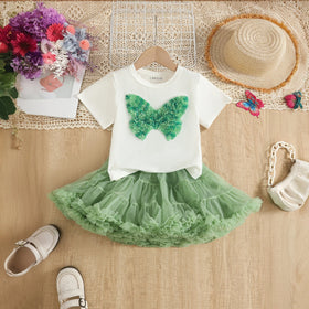 Girls White Butterfly Applique Short Sleeve T-Shirt With Skirt Sets 2 pc. Sets White 2-3 Y