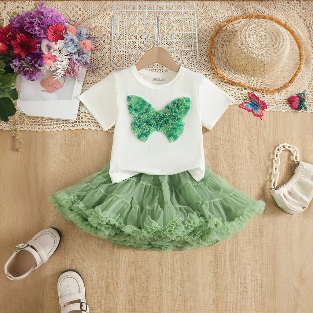 Girls White Butterfly Applique Short Sleeve T-Shirt With Skirt Sets 2 pc. Sets White 2-3 Y