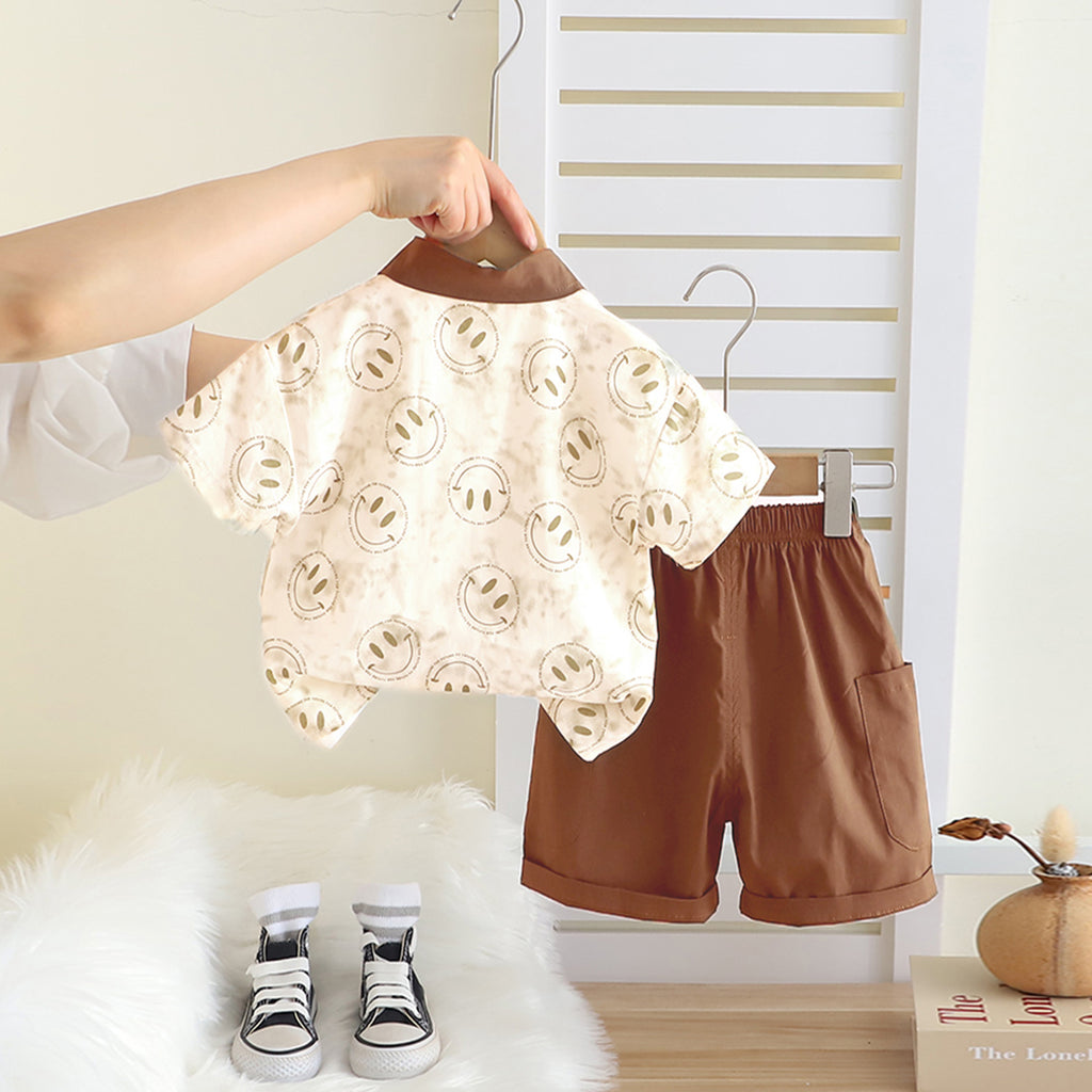 Boys Brown Smiley Printed Contrast Collar Shirt With T-Shirt And Shorts Set Sets