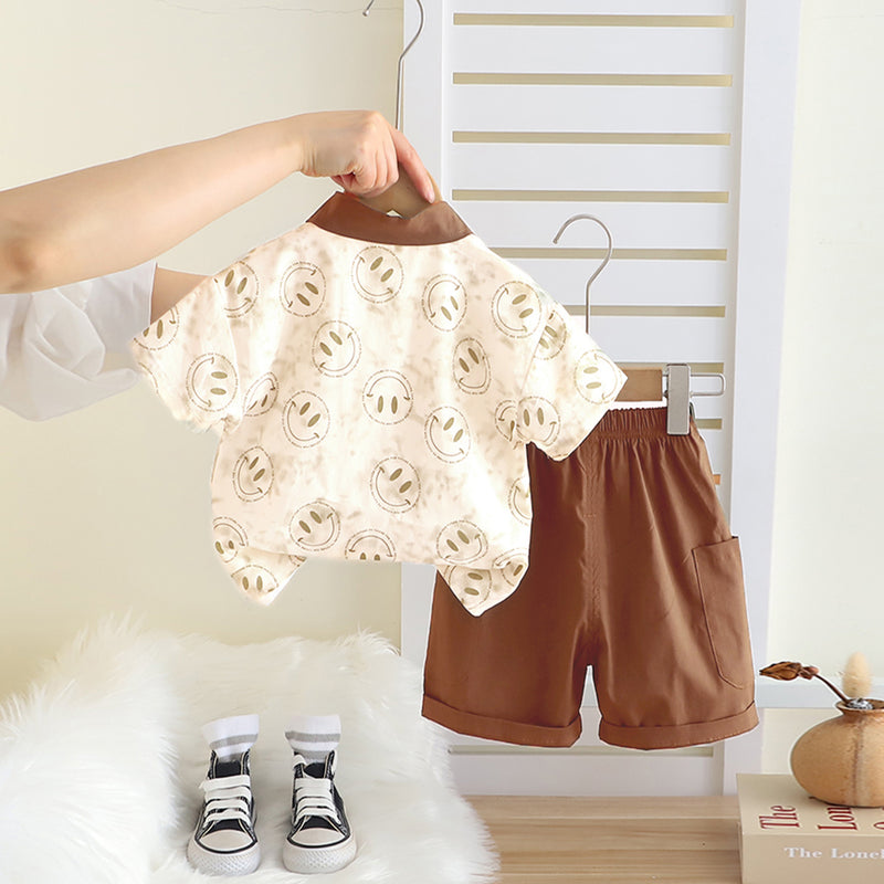 Boys Brown Smiley Printed Contrast Collar Shirt With T-Shirt And Shorts Set Sets