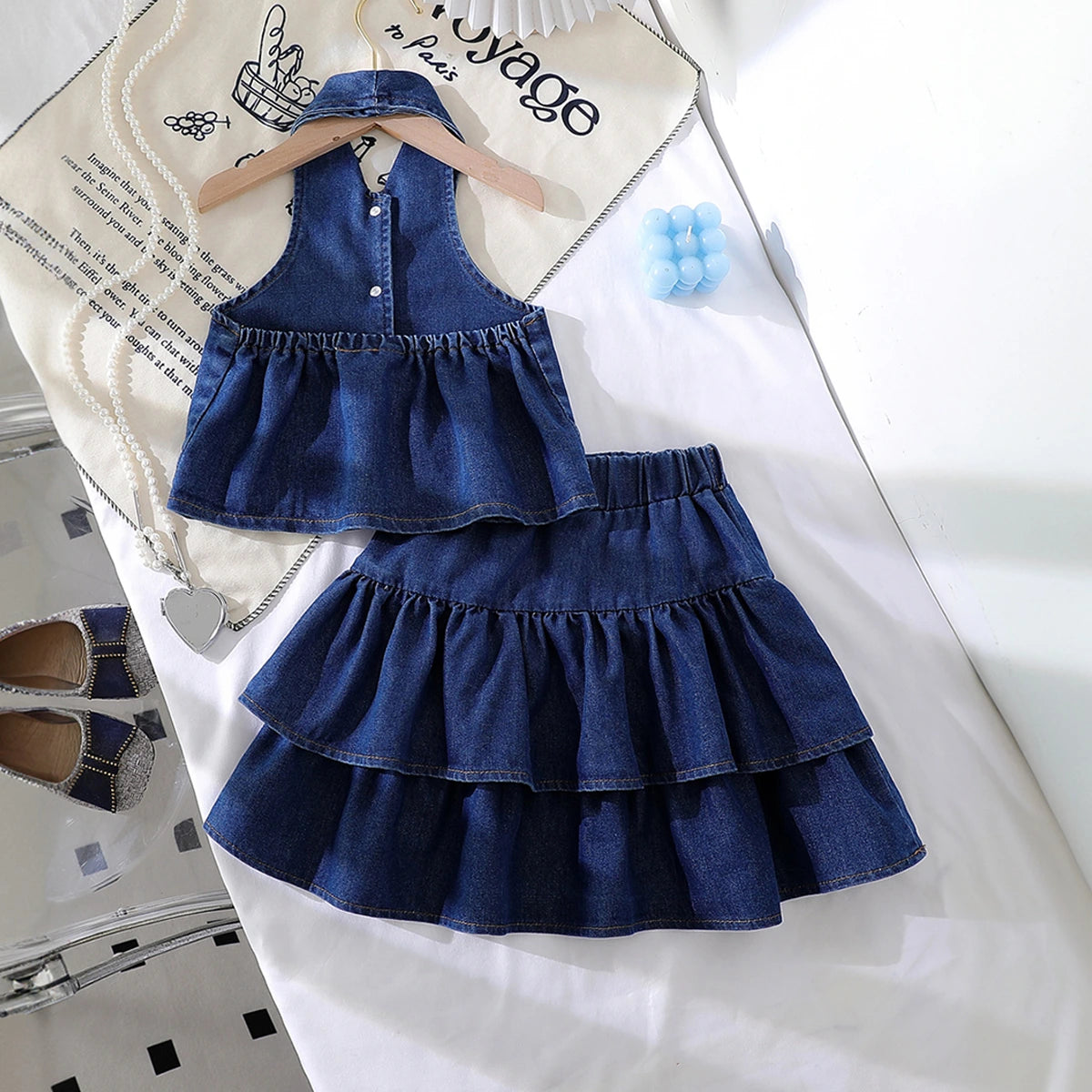 Girls Blue Denim Bow Applique Top & Tiered Skirts Co-ord Sets Sets