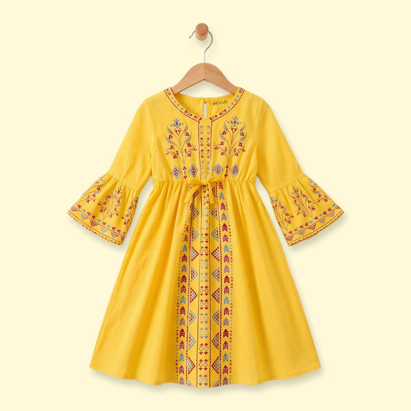 Girls Yellow Ethnic Motifs Print Fit & Flare Dress Casual Dresses Yellow 3-4 Y