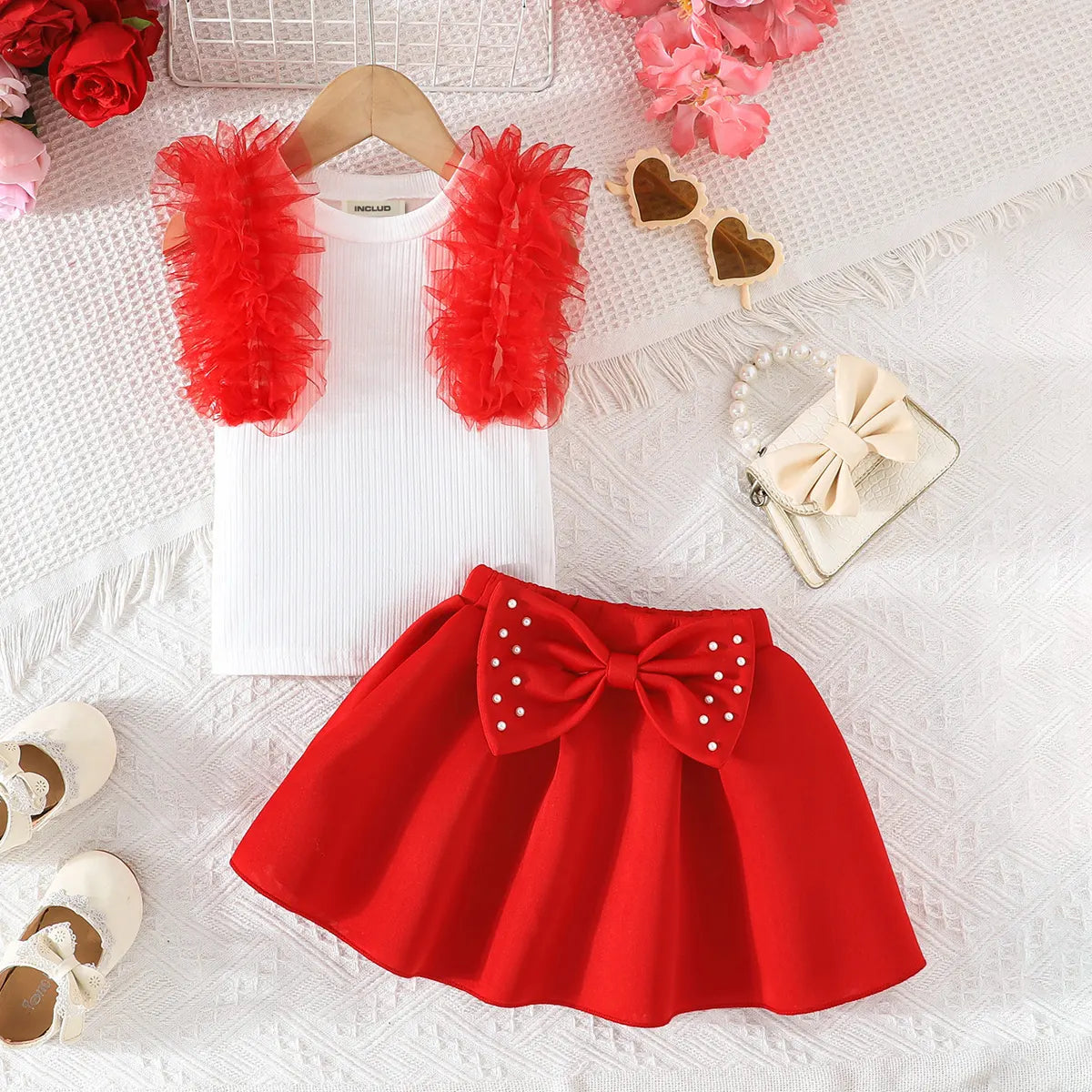 Girls Red Ruffle Top With Skirt Sets Sets Red 1-2 Y