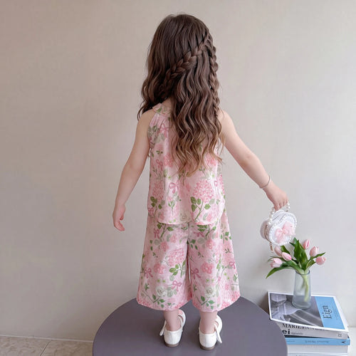 Girls Pink Sleeveless Floral Print Top With Pants Sets 2 pc. Sets