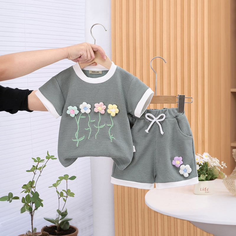 Girls Dark Grey Flower Applique Short Sleeves Top With Shorts Set 2 pc. Sets Dark Grey 1-2 Y