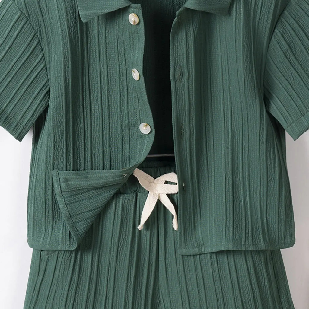 Boys Green Stripe Short Sleeves Shirt With Shorts Co-ord Sets Sets