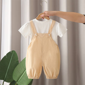 Boys Beige Dog Patched Dungaree With T-Shirts Set 2 pc. Sets