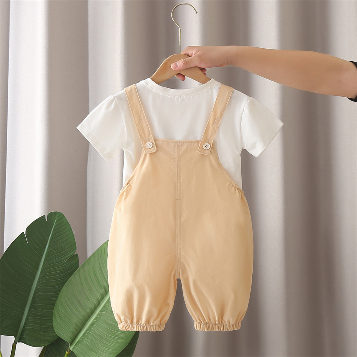 Boys Beige Dog Patched Dungaree With T-Shirts Set 2 pc. Sets