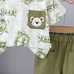 Boys Bear Printed Short Sleeves T-Shirt With Green Shorts Set 2 pc. Sets