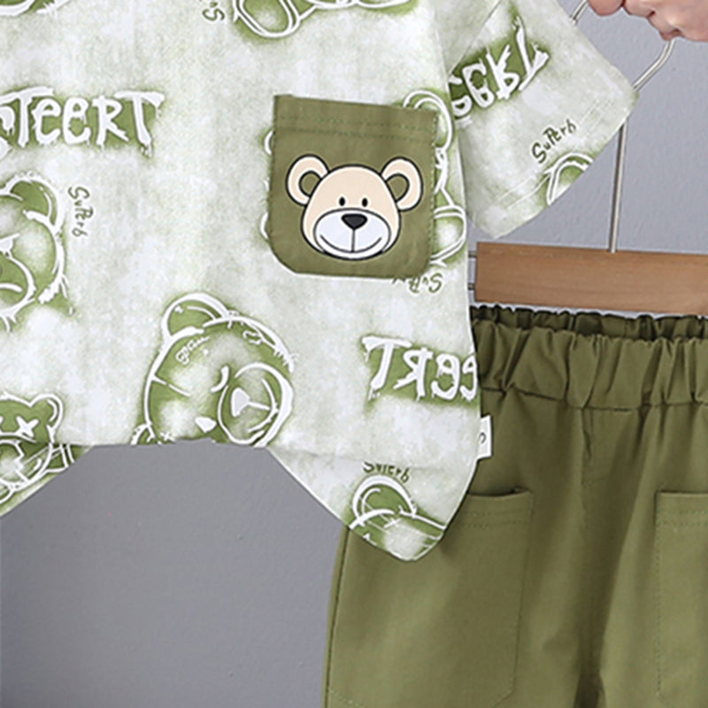 Boys Bear Printed Short Sleeves T-Shirt With Green Shorts Set 2 pc. Sets