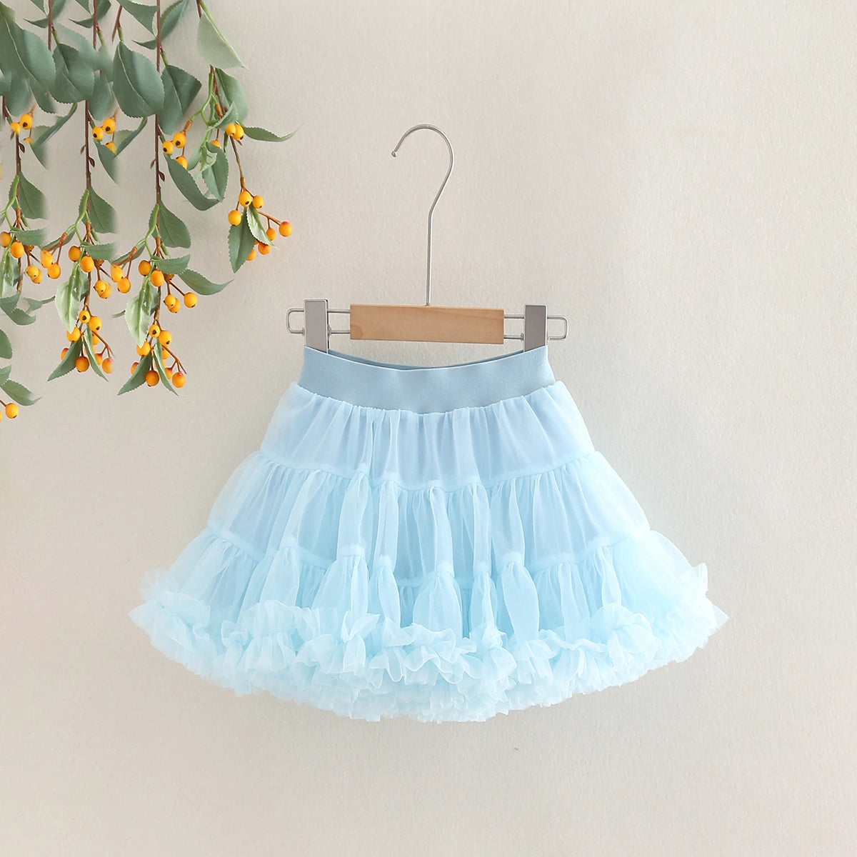 Girls Ruffle Sleeveless Top With Sky Blue Tiered Tulle Skirts Set Sets