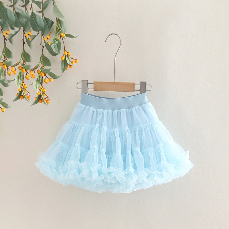Girls Ruffle Sleeveless Top With Sky Blue Tiered Tulle Skirts Set Sets