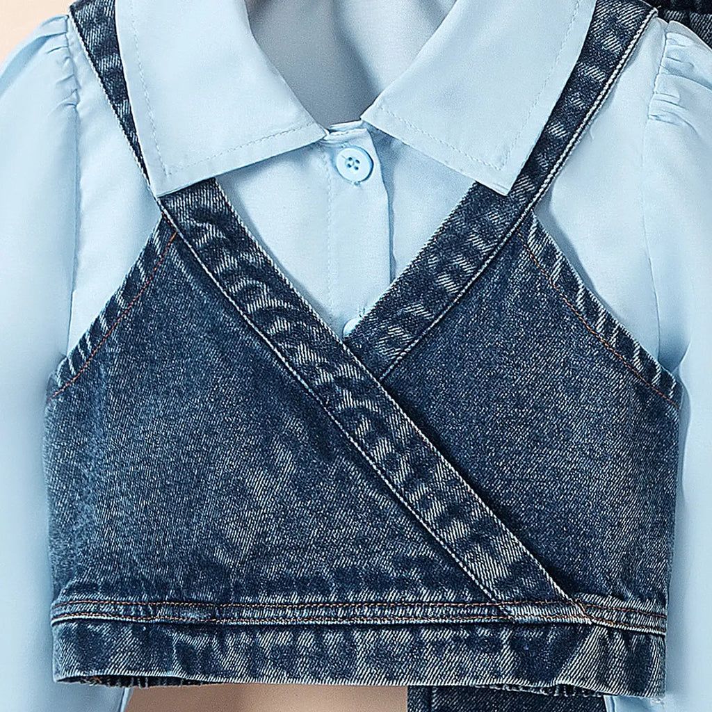 Girls Light Blue Collared Crop Top With Denim Sleeveless Vest & Flared Pants Set Sets