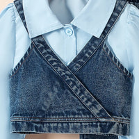 Girls Light Blue Collared Crop Top With Denim Sleeveless Vest & Flared Pants Set Sets