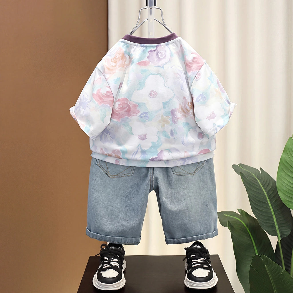 Boys Multicolour Typography Print Short Sleeve T-Shirt With Distressed Denim Shorts Sets 2 pc. Sets