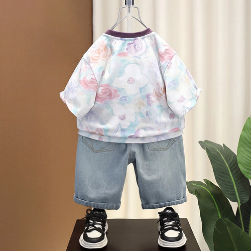 Boys Multicolour Typography Print Short Sleeve T-Shirt With Distressed Denim Shorts Sets 2 pc. Sets