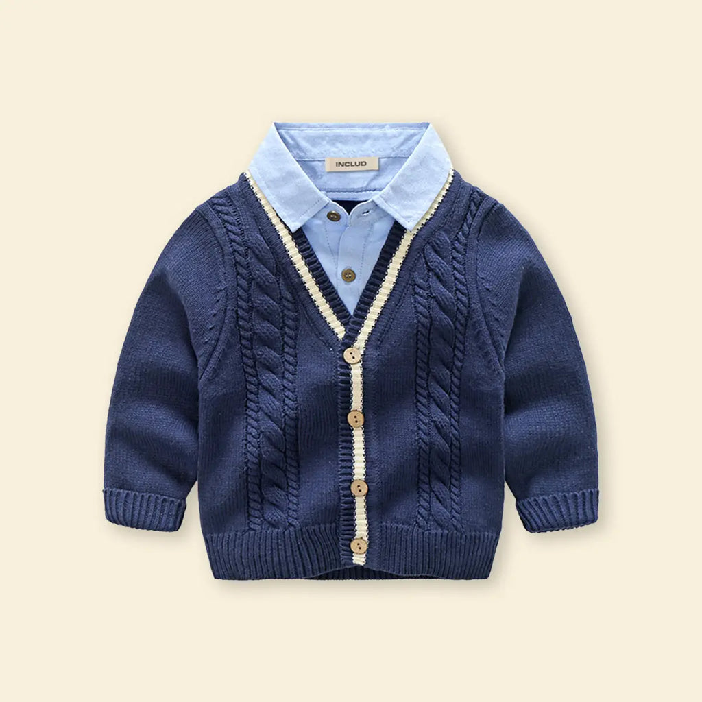 Boys Navy Blue Self-Design Cardigan With Shirt Collar Sweaters & Cardigans