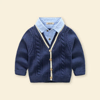 Boys Navy Blue Self-Design Cardigan With Shirt Collar Sweaters & Cardigans