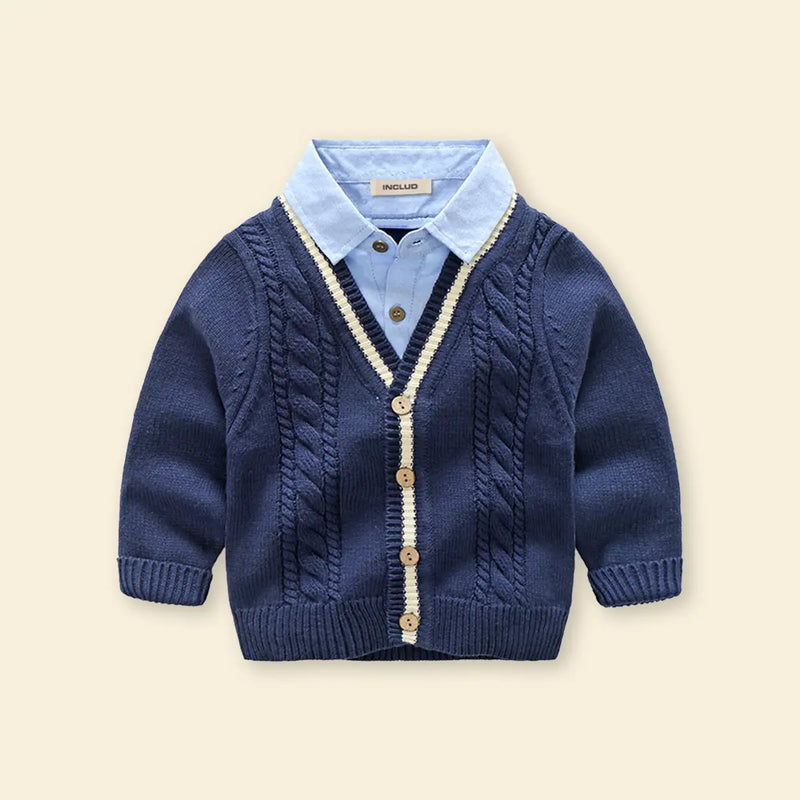 Boys Navy Blue Self-Design Cardigan With Shirt Collar Sweaters & Cardigans
