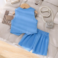 Girls Blue Bow Applique Sleeveless Top With Elasticated Shorts Sets 2 pc. Sets