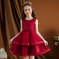 Girls Maroon Embroidered Sleeveless Layered Party Dress With Bow Party Dresses Maroon 2-3 Y