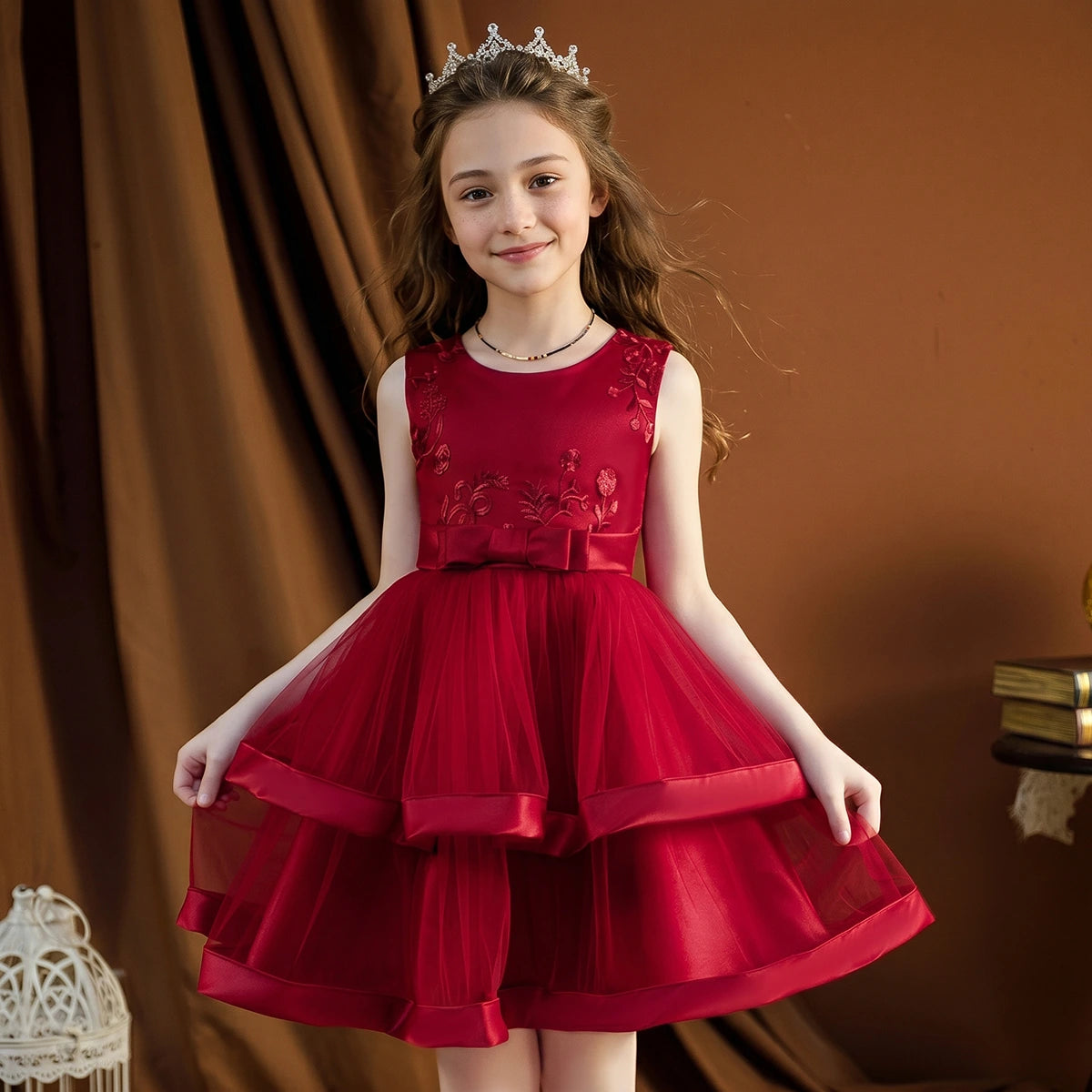 Girls Maroon Embroidered Sleeveless Layered Party Dress With Bow Party Dresses Maroon 2-3 Y