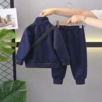 Boys Navy Blue Typographic Printed Sweatshirt With T-Shirt & Sling Bag & Pants Set Sets