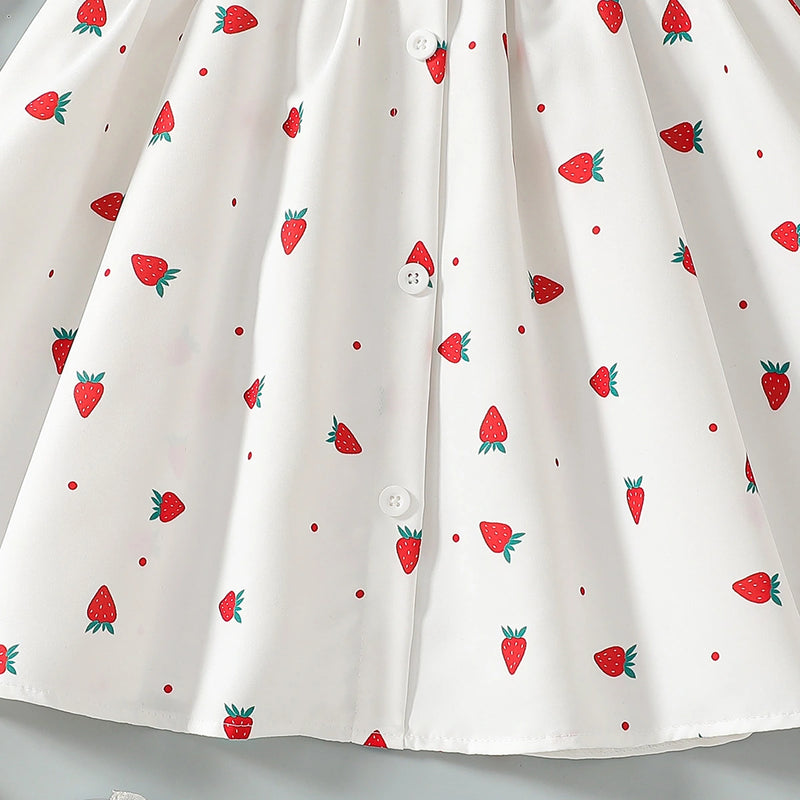 Girls White Strawberry Printed Sleeveless Fit & Flare Dress Casual Dresses