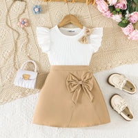 Girls Khaki Bow Applique Top With Elasticated Skirts Sets 2 pc. Sets Khaki 2-3 Y