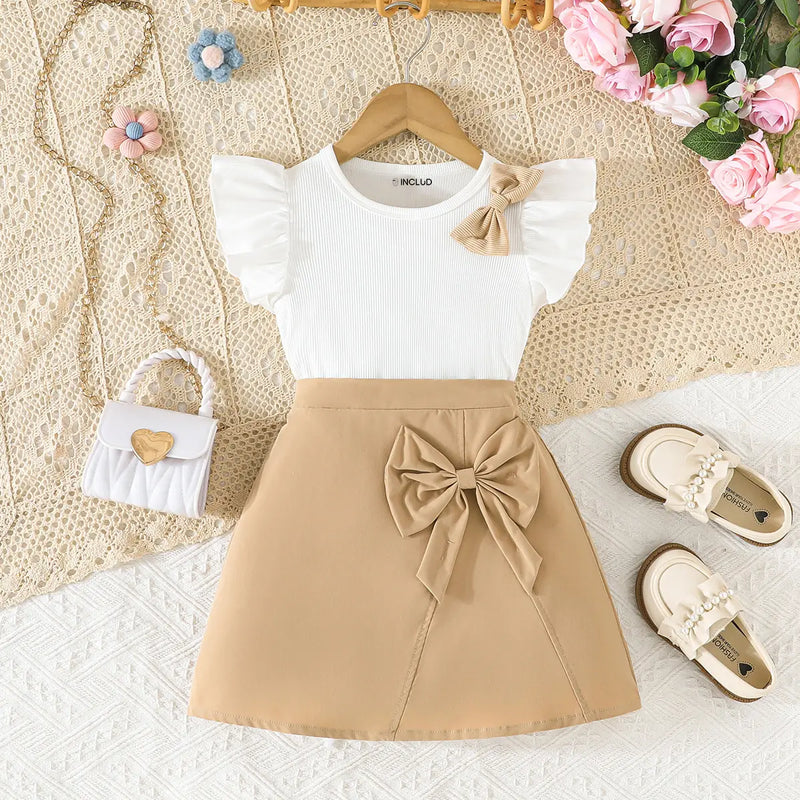 Girls Khaki Bow Applique Top With Elasticated Skirts Sets 2 pc. Sets Khaki 2-3 Y