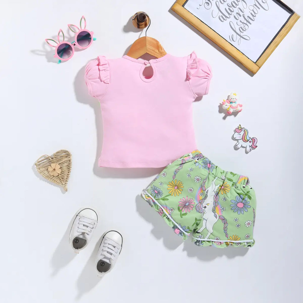 Girls Pink Unicorn Printed T-Shirt With Printed Shorts Sets 2 pc. Sets