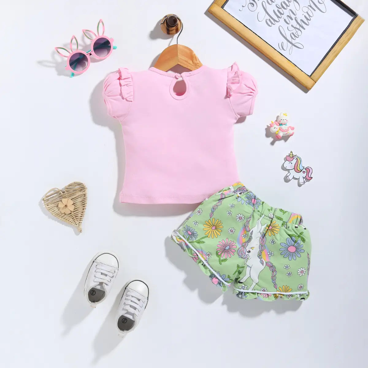 Girls Pink Unicorn Printed T-Shirt With Printed Shorts Sets 2 pc. Sets