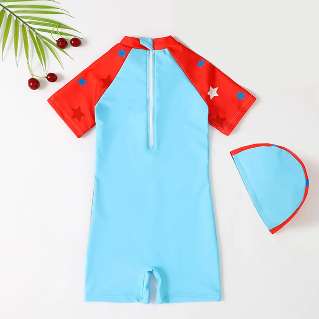 Boys Sky Blue Dinosaur Print Swimwear Bodysuit With Swim Cap Beachwear