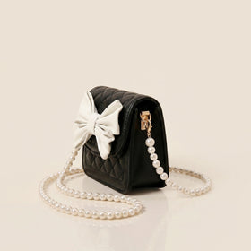 Girls Black Quilted Bow Applique Sling Bag Sling Bags
